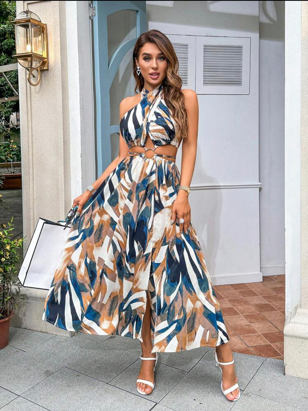 Blue Allover Print Halter Midi Dress