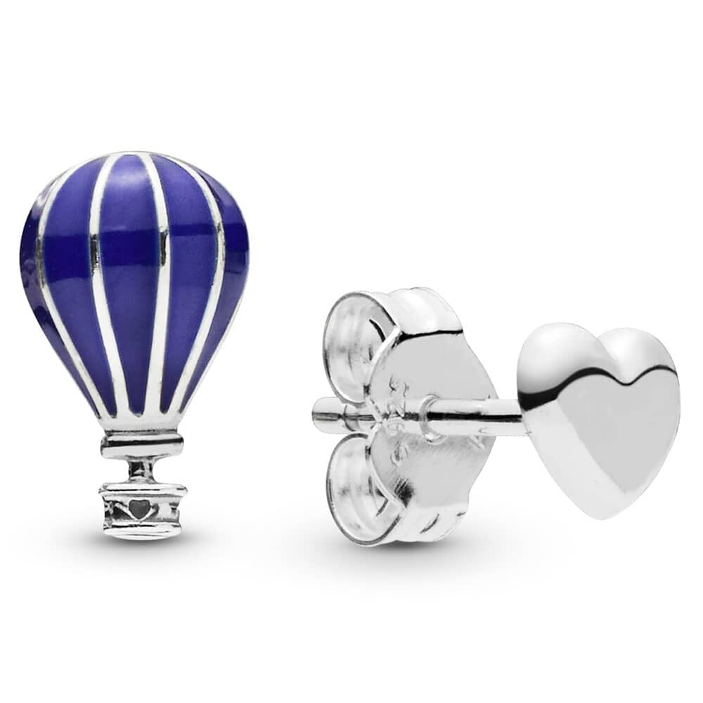 Blue Hot Air Balloon & Heart Stud Earrings Sterling Silver 925 