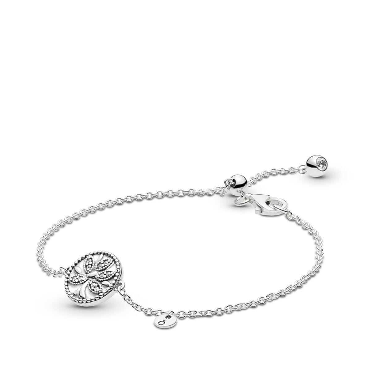 Family Tree with Clear Cubic Zirconia Sliding Bracelet Sterling Silver 925 