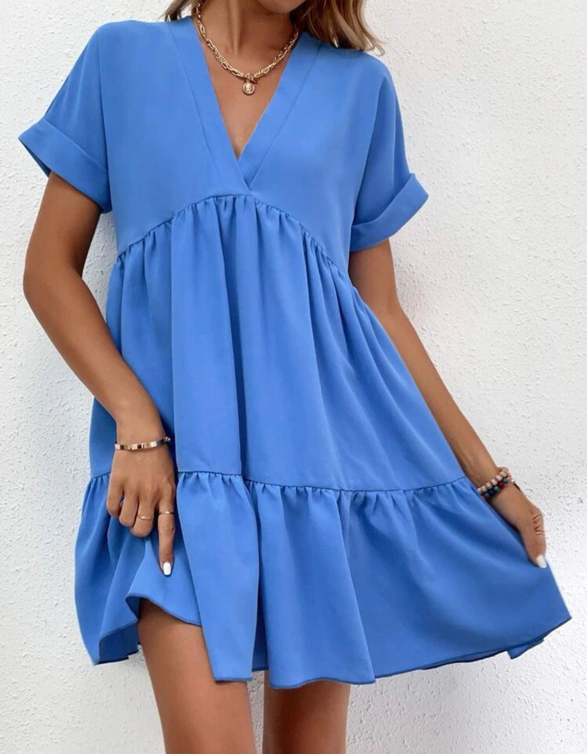 Blue Summer Dress V- Neck